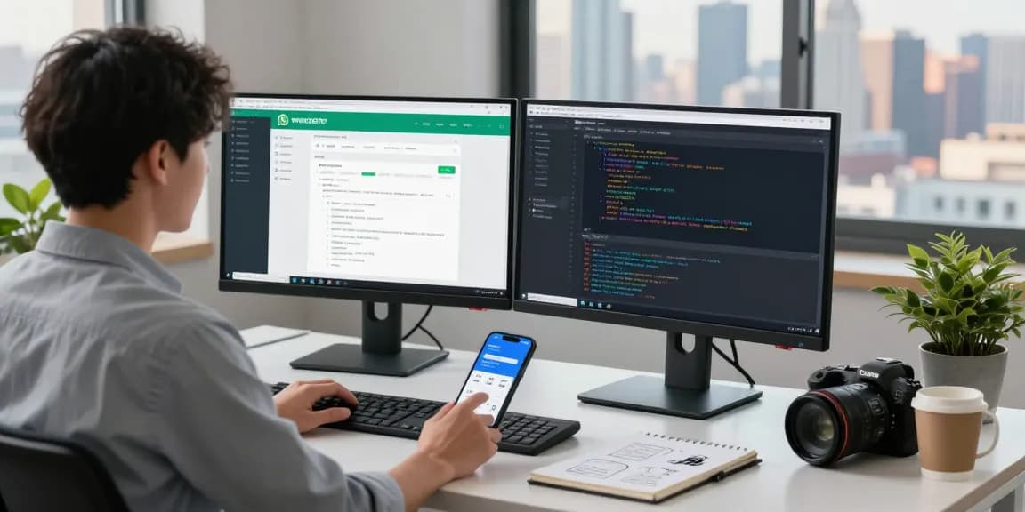 WhatsApp網頁版 displayed on dual monitors in a modern office workspace, highlighting professional productivity and digital communication.