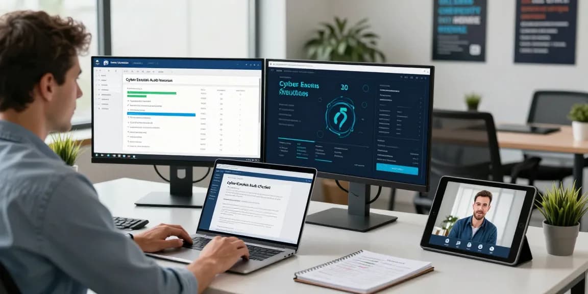 Consultant reviewing cyber essentials insurance metrics in a modern office environment.