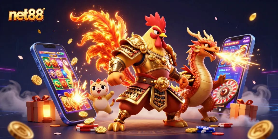 Engage in thrilling gameplay at net88, featuring a dynamic 3D rooster warrior and dragon in a vibrant casino scene.