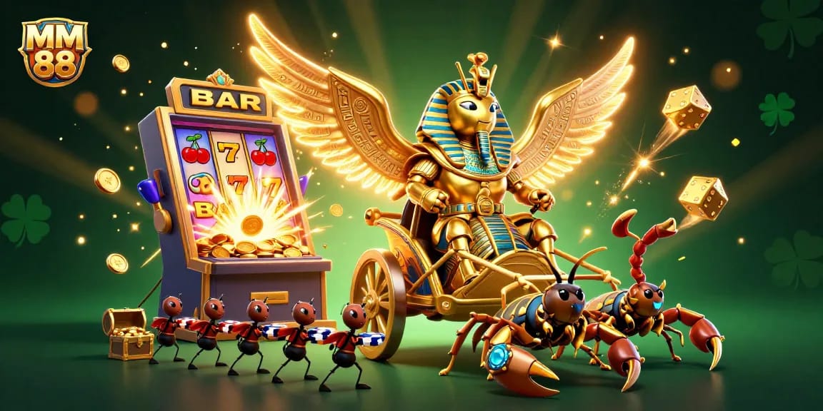 Experience exciting casino moments with MM 88 as golden scarabs and dazzling jackpots light up the scene.