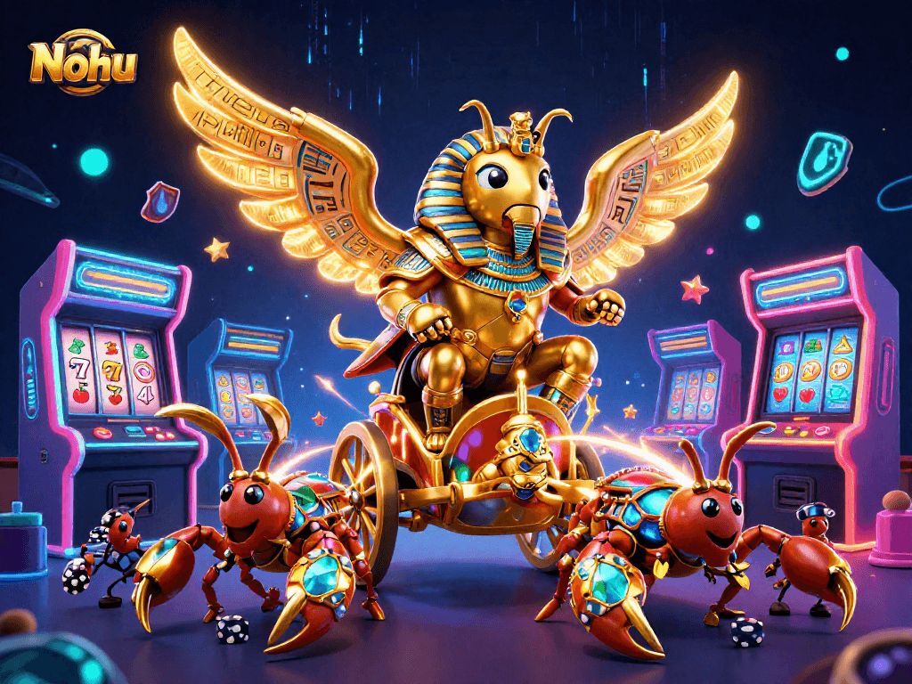 Nohu casino illustration showing a golden scarab beetle, scorpions, and slot machine elements in a vibrant scene.