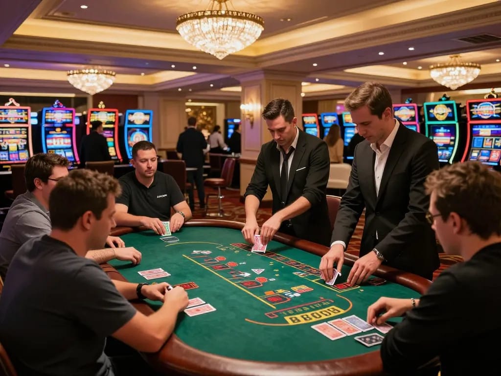 cm88 blackjack players strategizing at high-stakes table in luxurious casino.