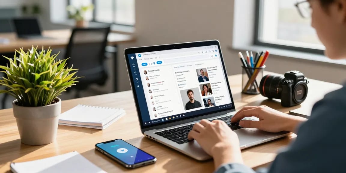 User navigating the Telegram web version in a modern workspace with laptop and smartphone.