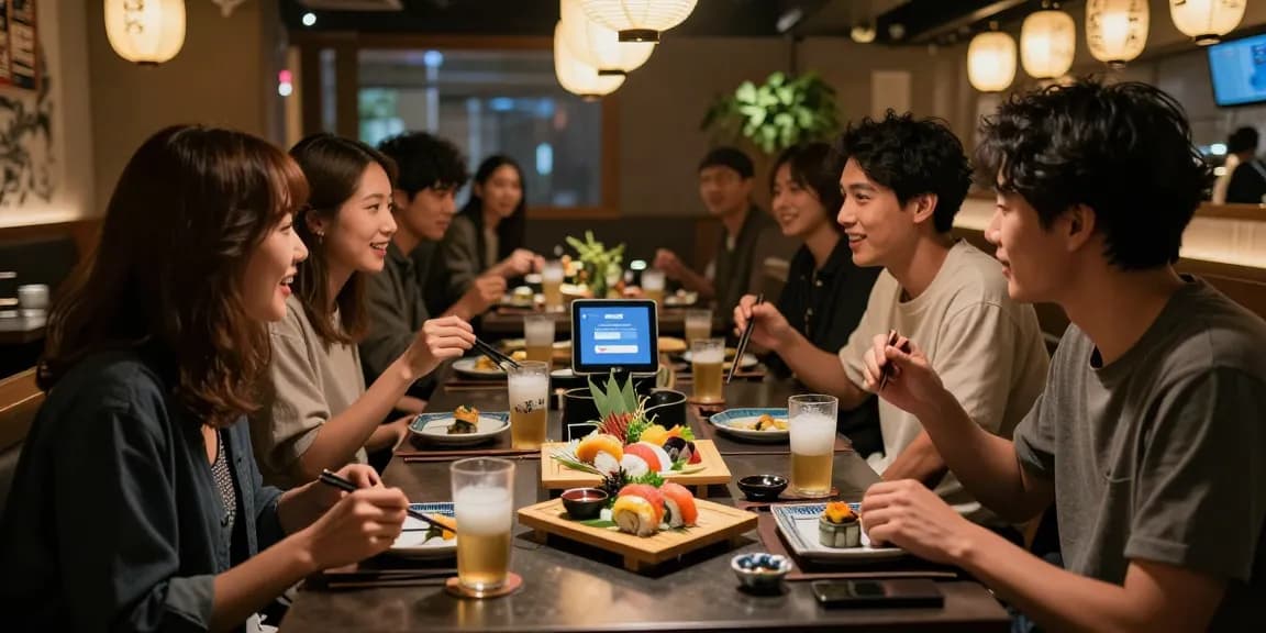 Experience the rokok88 login process at a trendy restaurant as friends savor delicious sushi in a vibrant setting.