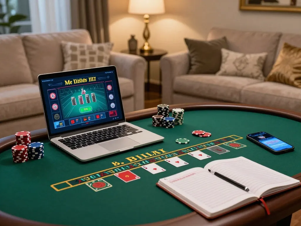 Players engage with f168 gaming by using laptops and smartphones in a luxurious online casino setting.