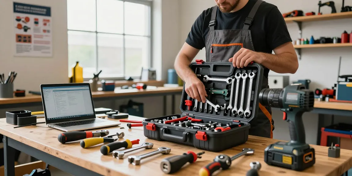 Valigia porta attrezzi organizzata con attrezzi professionali in un laboratorio luminoso.