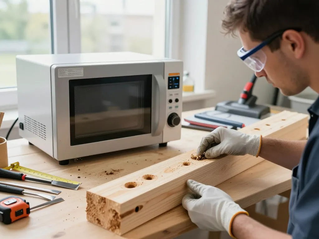 Ispezionando il legno per parassiti con sterilizzazione microonde coleottero in un laboratorio luminoso