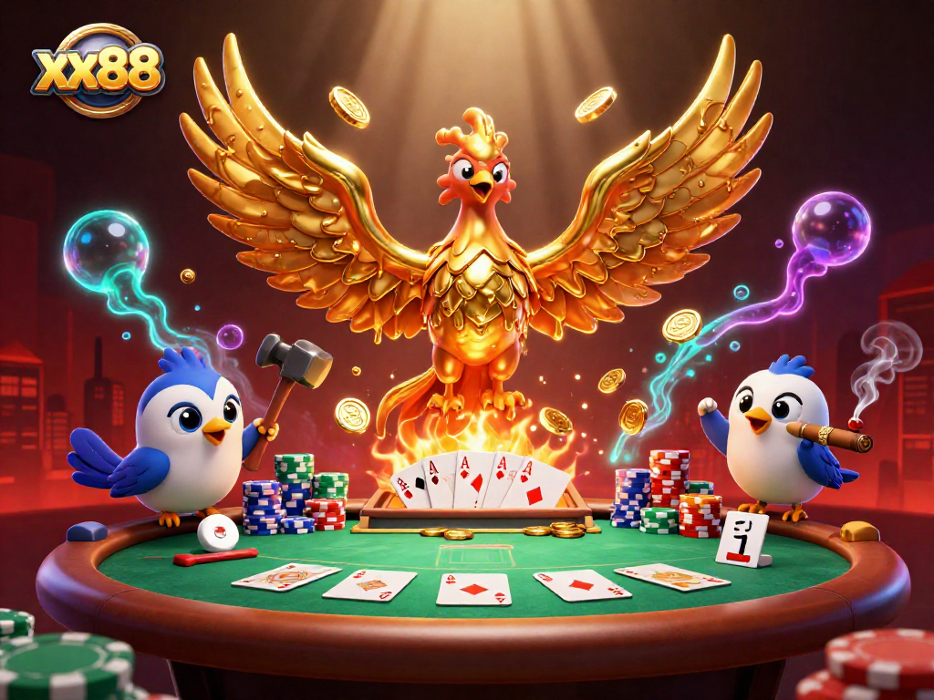 Experience the thrill at xx88 with vibrant poker game elements and molten gold phoenix illustration.