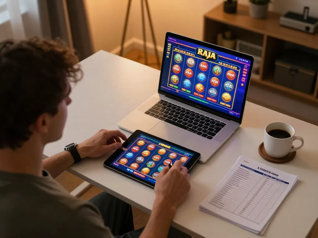 Terlibat dalam sesi strategi permainan raja slot di rumah dengan laptop dan catatan
