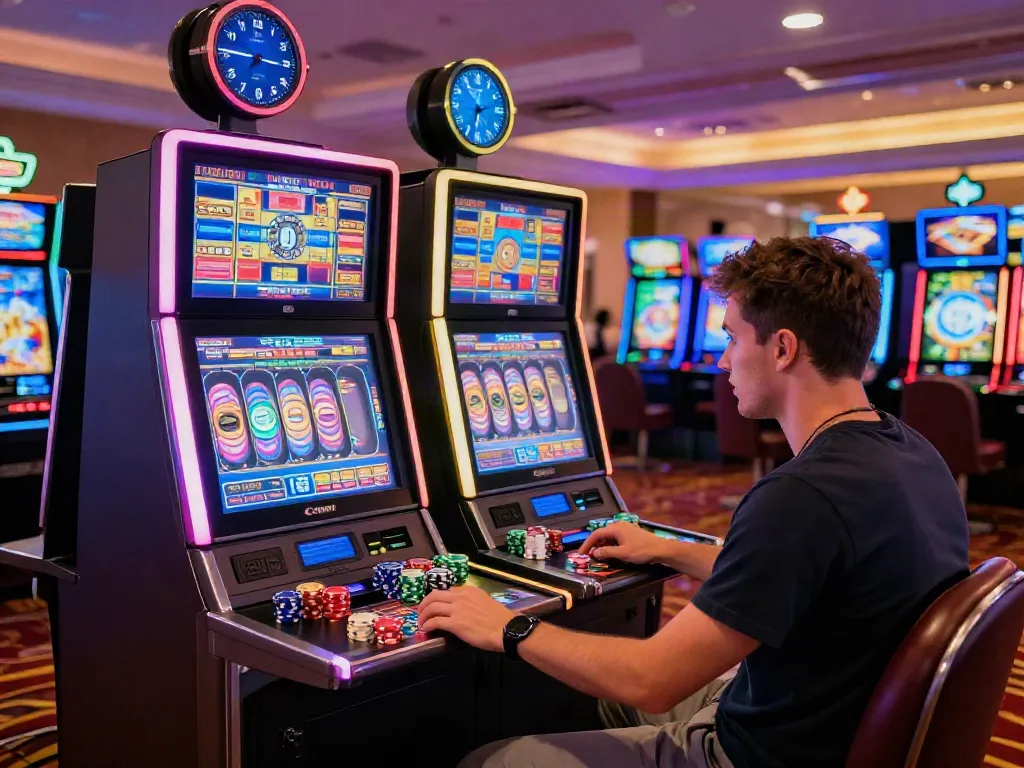 Exciting casino scene featuring a player at slot88 maxwin slot machine, vibrant lights, and casino ambiance.