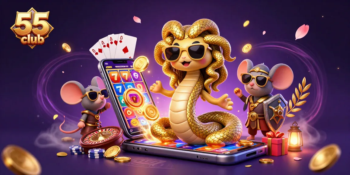 Engage with the 55 club through dynamic slot games and vibrant characters in a magical scene.