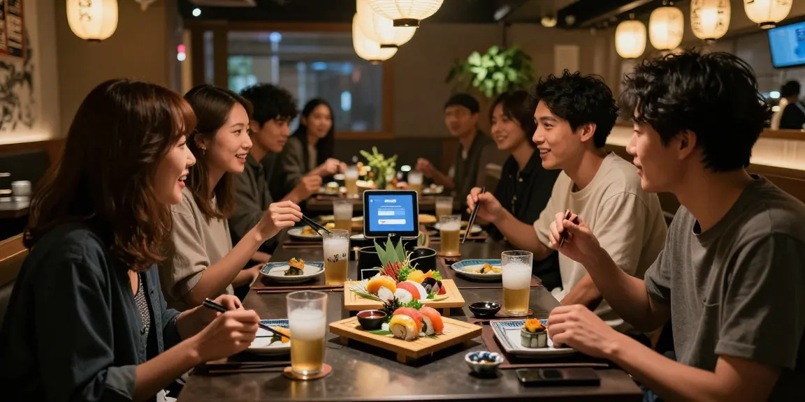 Experience the rokok88 login process at a trendy restaurant as friends savor delicious sushi in a vibrant setting.