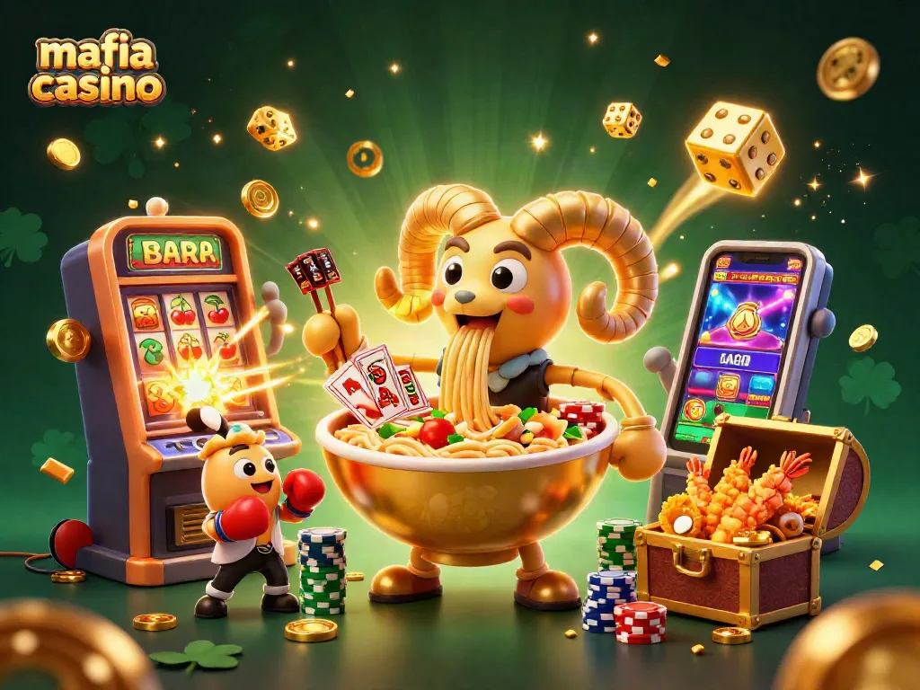 Mafia casino brings excitement with a giant ramen bowl dealer stacking chips and cards.
