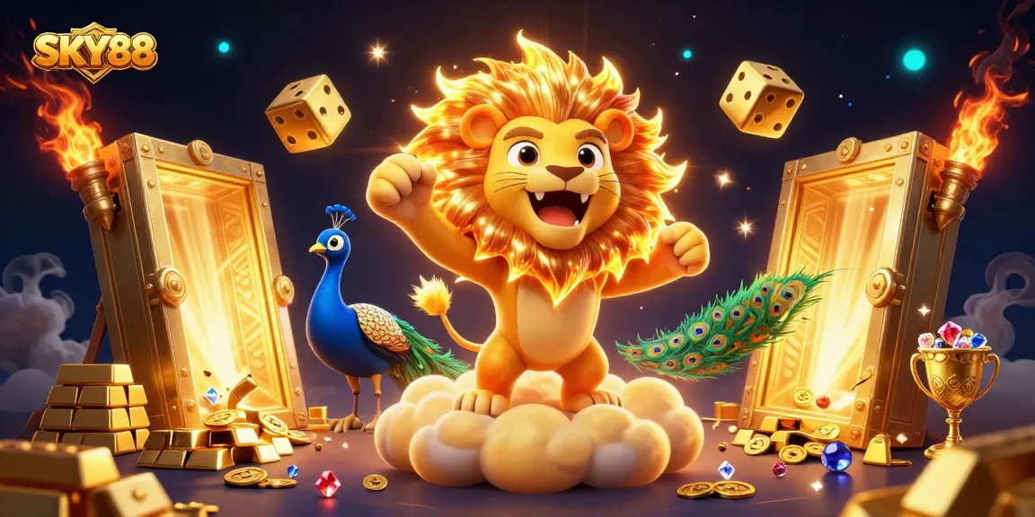 Join the excitement at SKY88 with vibrant 3D casino illustration showcasing golden elements and gaming action.