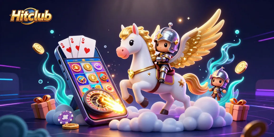 Hitclub delivers thrilling gameplay as a knight rides a celestial horse amid vibrant slot games and coins.