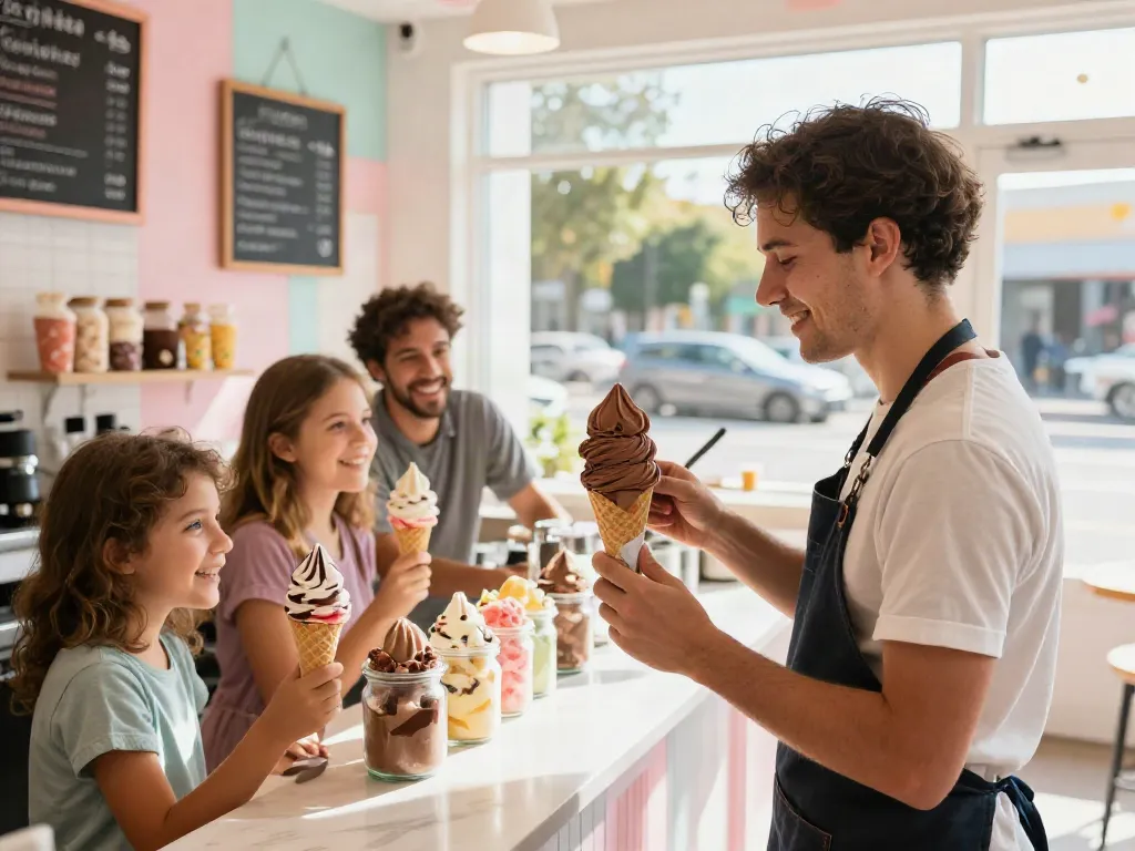 Delightful rokok88 ice cream shop scene showing a server scooping rich chocolate ice cream into a cone.