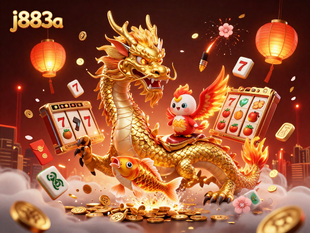 Experience the excitement of j883a with a vibrant scene featuring a golden dragon, koi fish, and slot symbols.