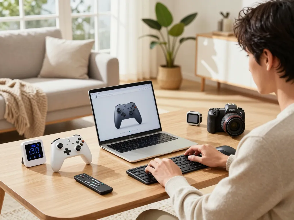 Showcasing top 10 tech gadgets 2071 in a modern living space with Bluetooth devices for gaming, fitness, and cooking.