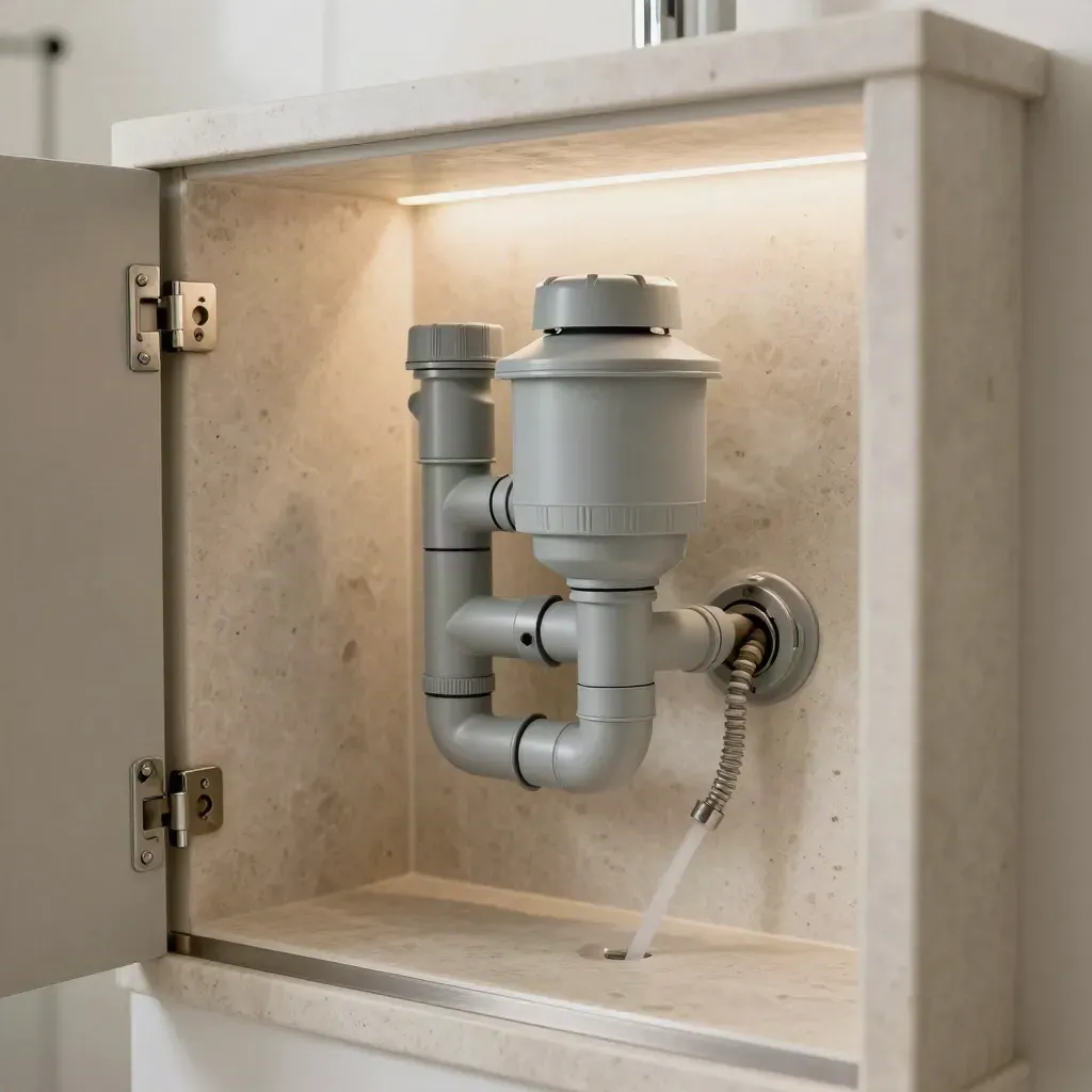 Armadio tecnico con tubi e filtro per il riuso delle acque grigie in bagno.