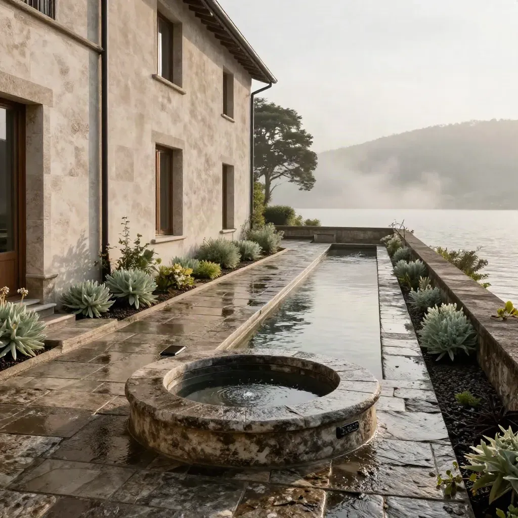 Villa sul lago con raccolta piovana discreta, pavé bagnato e giardino alimentato dalla pioggia.