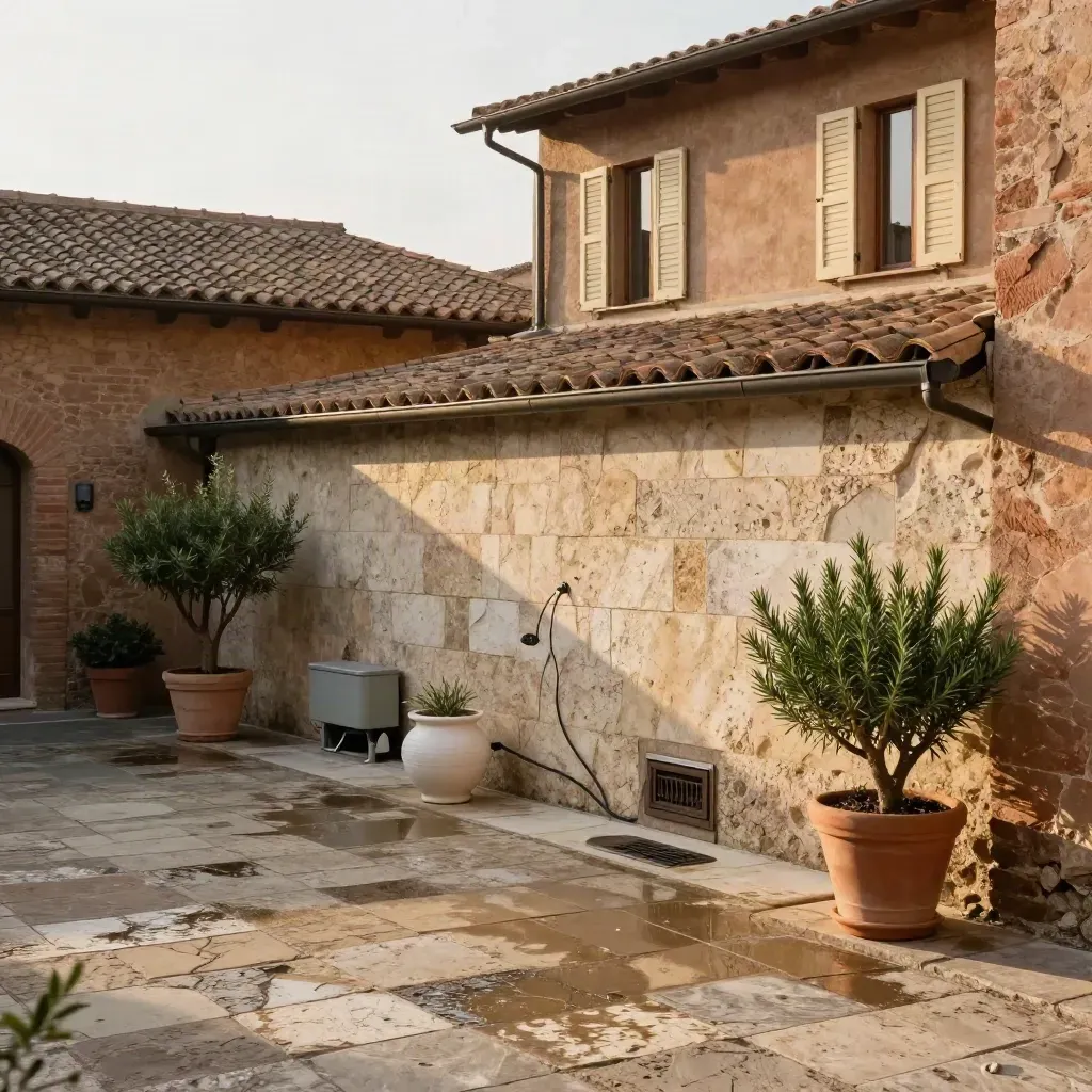 Cortile in pietra di un B&B con raccolta piovana discreta e vasi irrigati, luce calda.