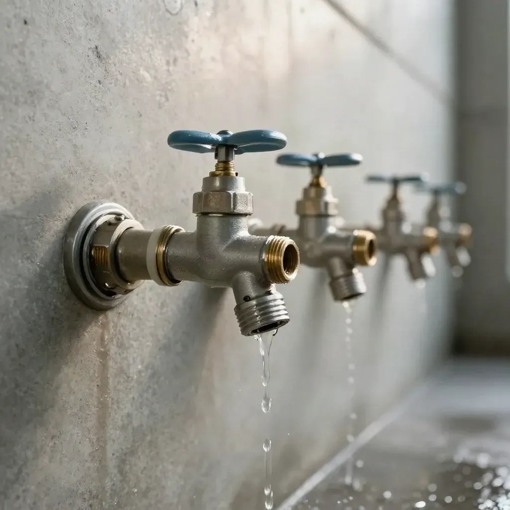 Collettore idrico in officina con valvole e gocce d’acqua su parete in cemento