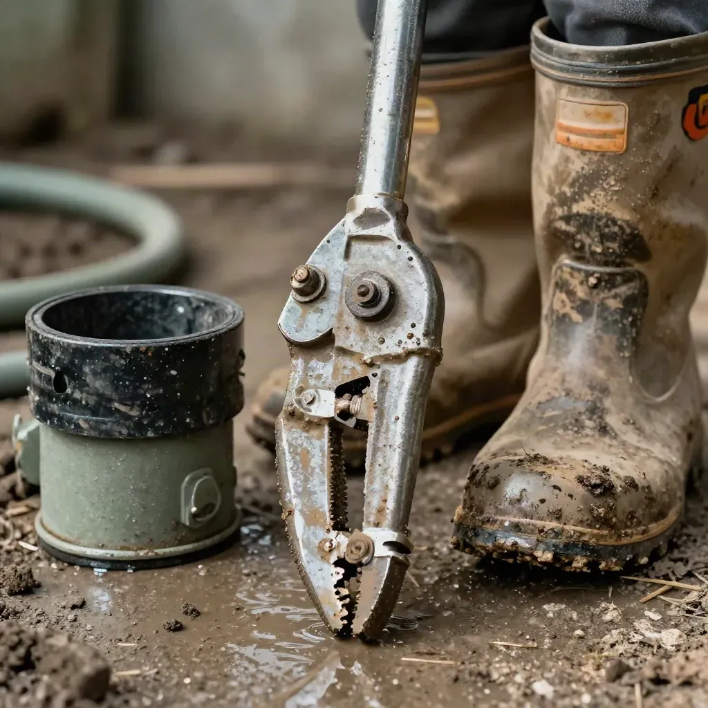 Utensili da cantiere infangati su cemento umido, con scarpa stagna e guarnizione