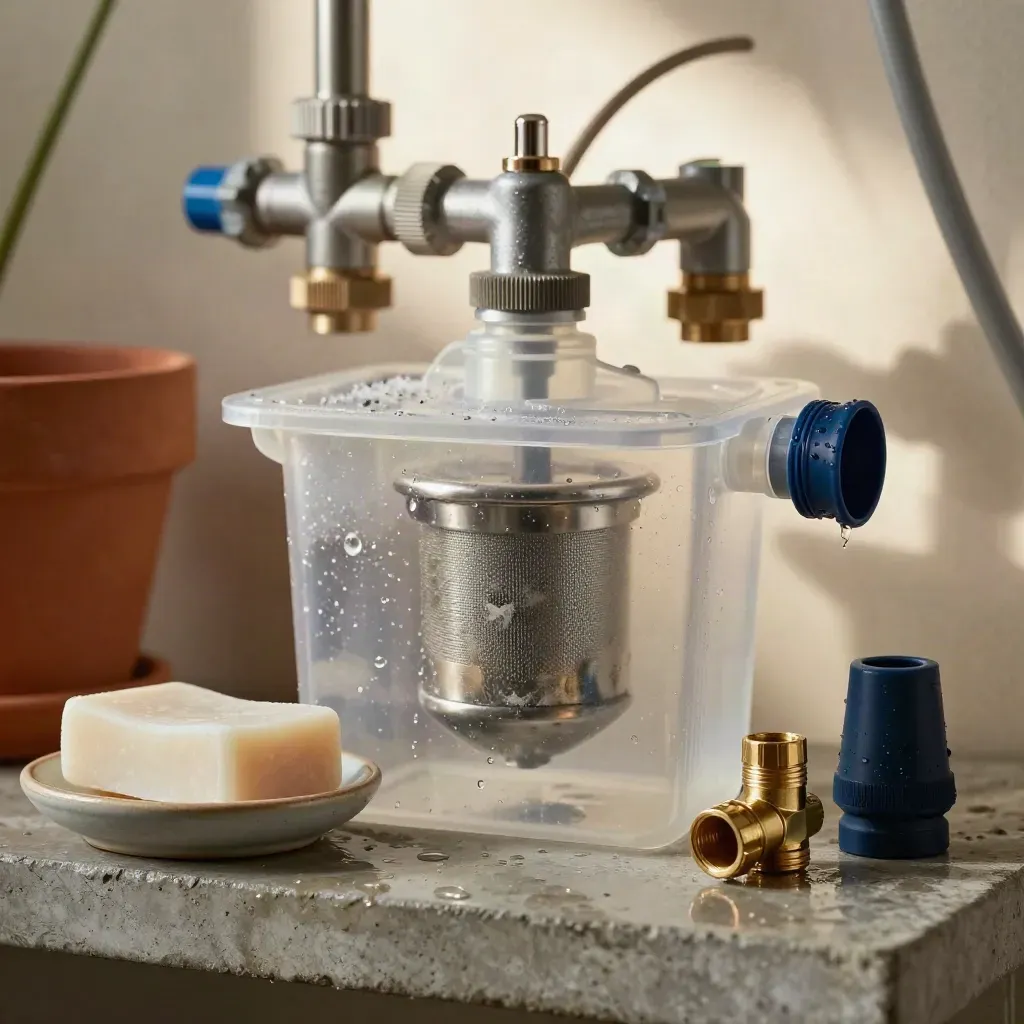Separatore per acque grigie con filtro, sapone solido e raccordi su ripiano tecnico umido