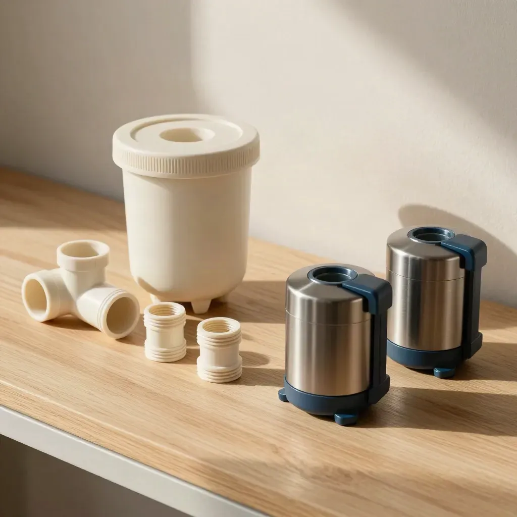 Componenti tecnici per raccolta acqua su legno chiaro, con filtro, curve PVC e pompe modulari.
