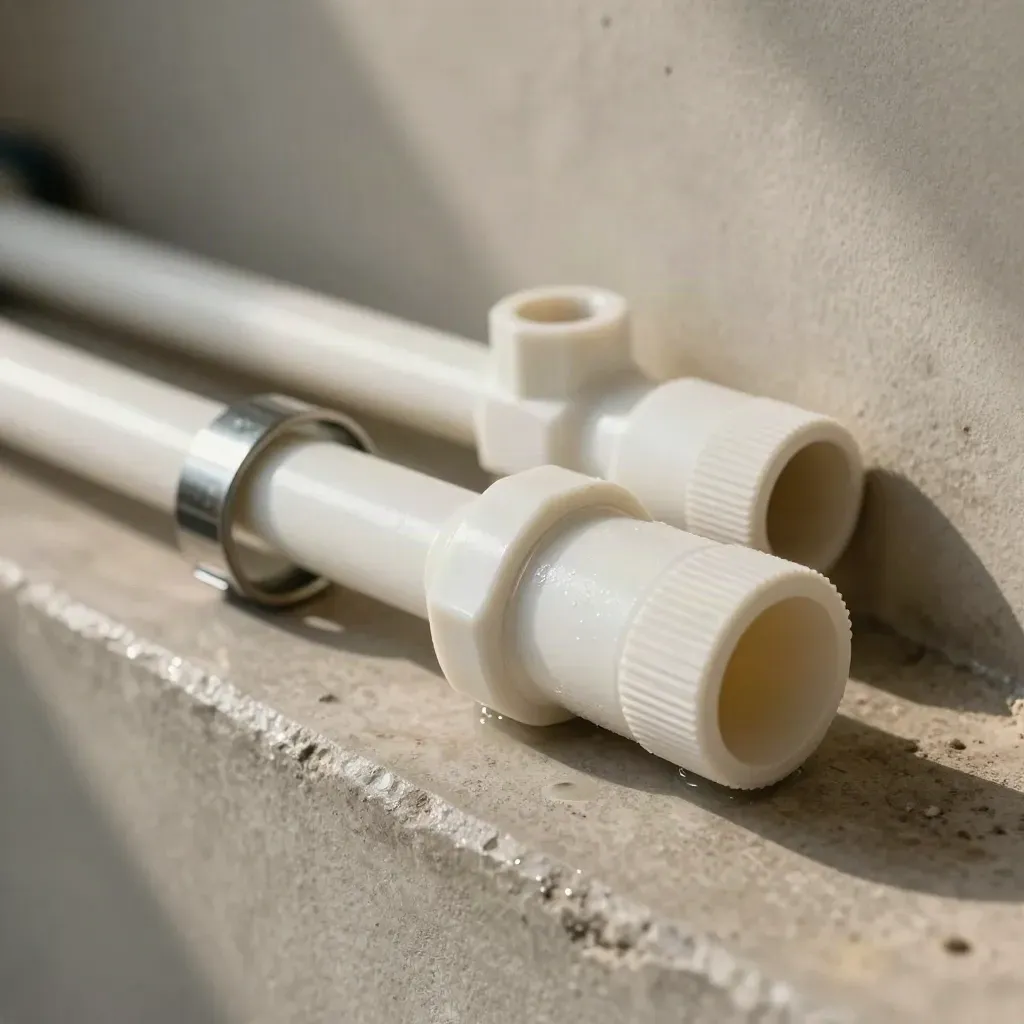 Giunto PVC appena saldato con collare e tubo nuovo in vano tecnico pulito.