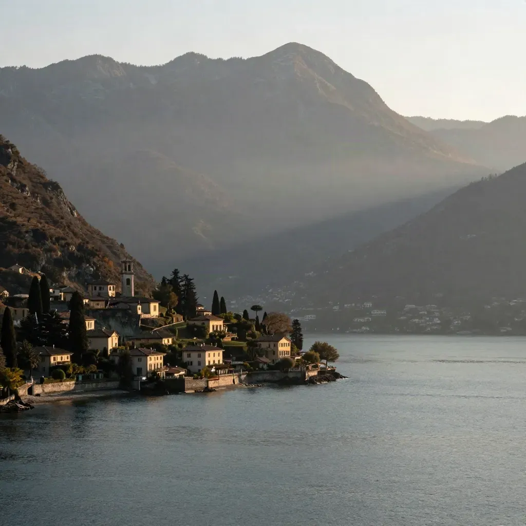 Lago di Como all’alba con montagne alte, ville lontane e acqua calma velata di bruma dorata.