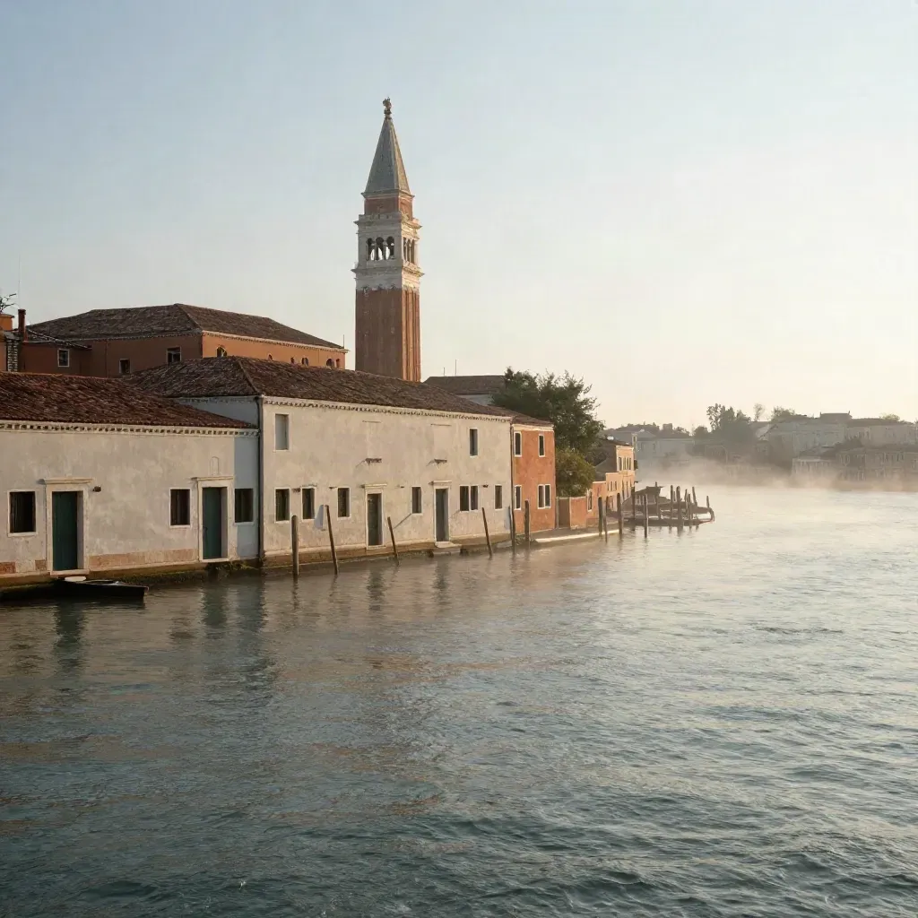 Campanile isolato nella laguna veneta con acqua calma e luce dorata