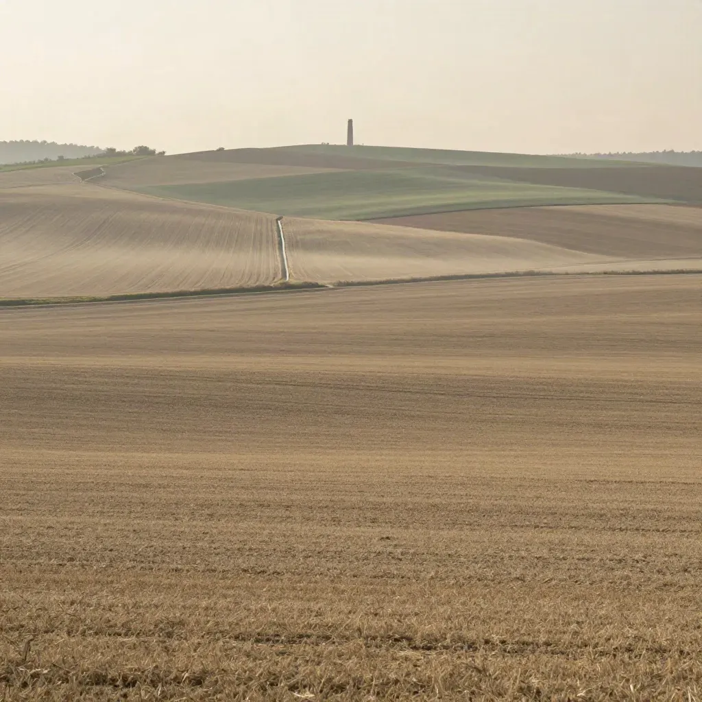 Pianura emiliana con canale rurale, campi in bruma e torre lontana sulla foschia.