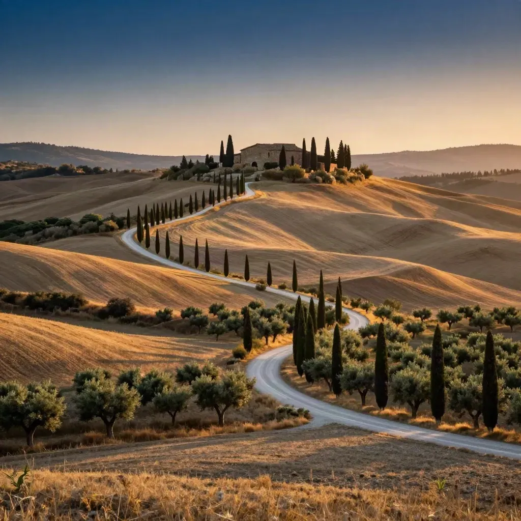 Colline toscane al tramonto con cipressi, podere in pietra e strade bianche sotto foschia dorata.