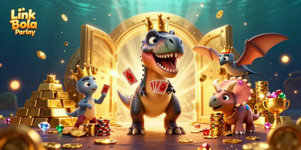 Betting with Link Bola Parlay enhances your chances, featuring vibrant gambling characters.