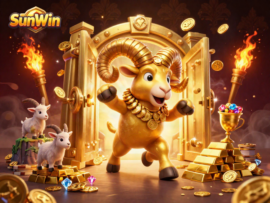 Experience amazing wins with SunWin, featuring a golden ram charging through treasures in the casino.