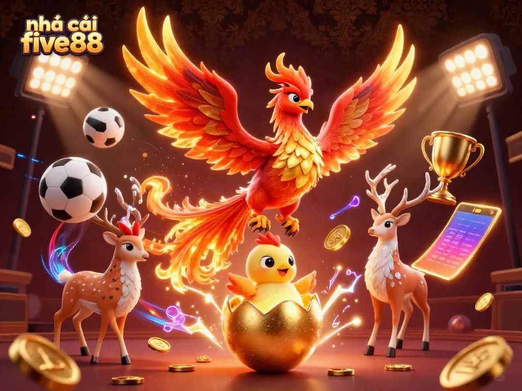 Dynamic illustration of nhà cái five88 showcasing a fire phoenix and sporting elements in a vibrant casino scene.