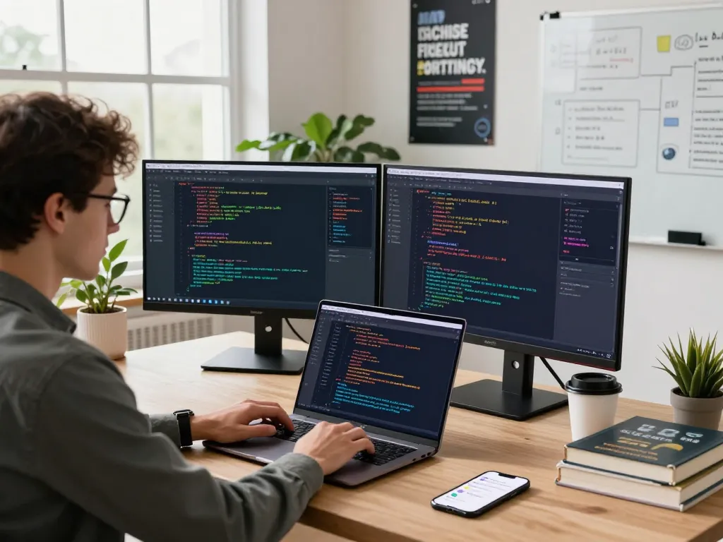 Developer coding for Clawdbot AI in a bright home workspace with dual monitors and tech posters.
