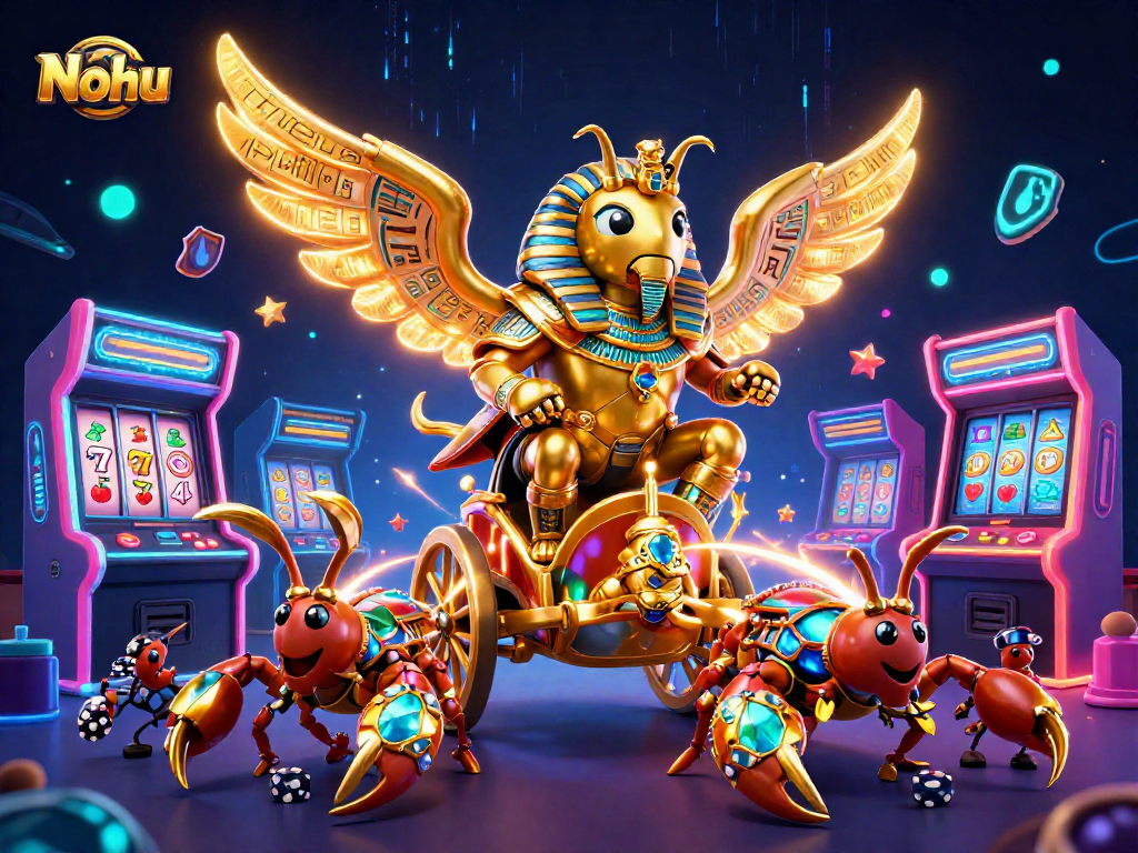 Nohu casino illustration showing a golden scarab beetle, scorpions, and slot machine elements in a vibrant scene.