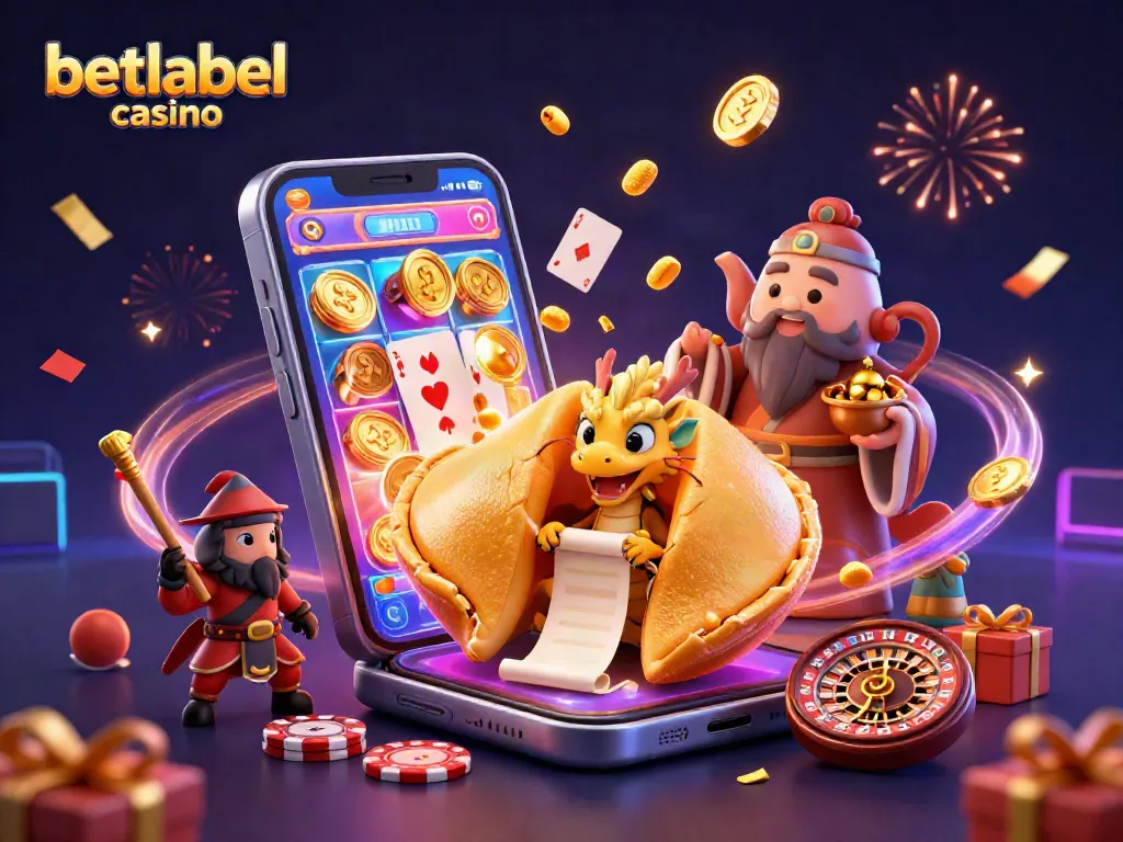 Experience the excitement of betlabel casino with a vibrant 3D fantasy scene full of fortune and gaming elements.
