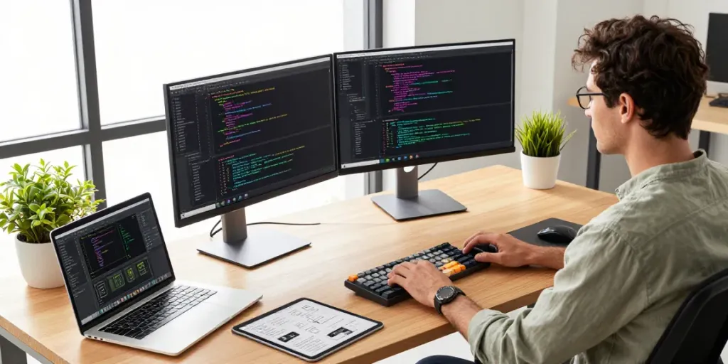 Engaging tech workspace with ggsoft daftar developer working on dual monitors and laptop in a modern office.