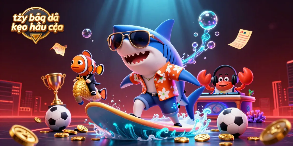 Tỷ lệ bóng đá kèo nhà cái showcased through a 3D shark surfacing gold coins, representing dynamic sports betting.
