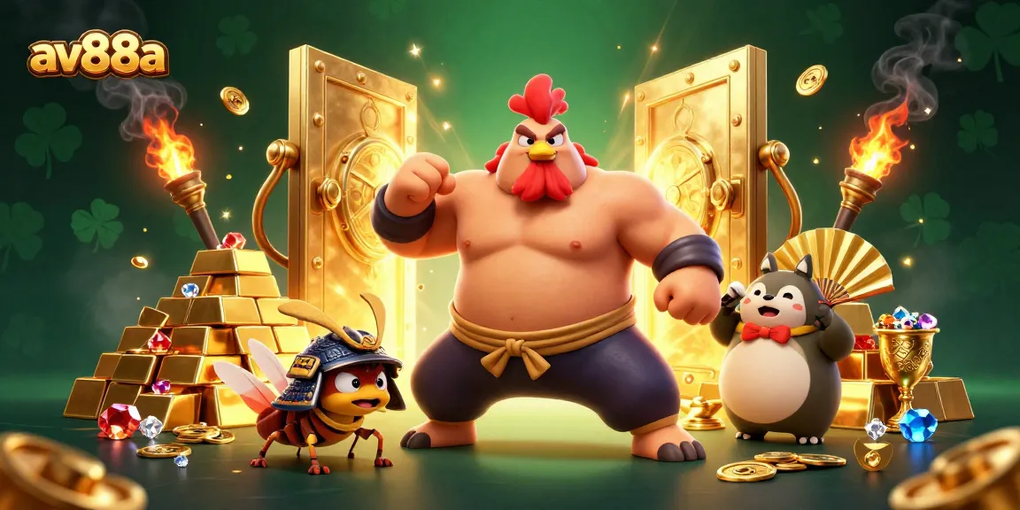 Engage with av88a's dynamic 3D illustration featuring a powerful sumo wrestler rooster and a fierce cricket amidst golden casino treasures.