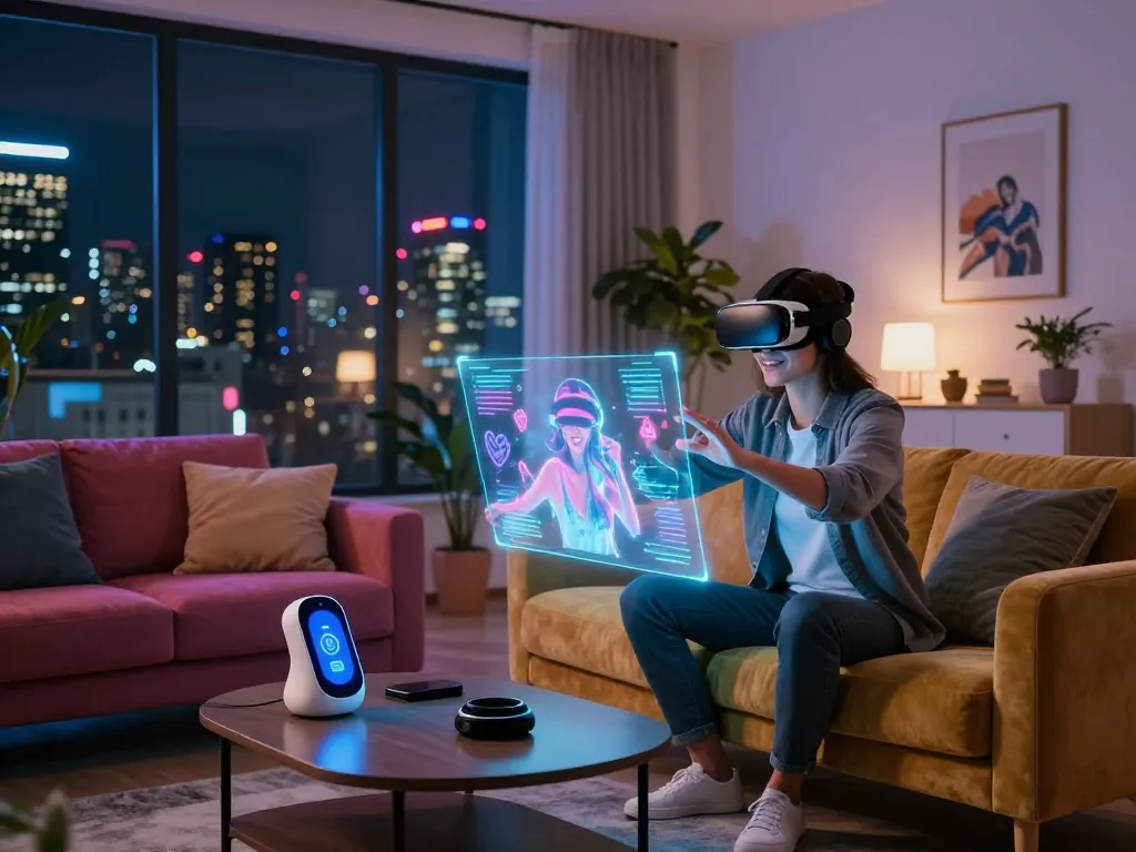Couple experiencing ai sex through virtual reality technology in a modern urban apartment.