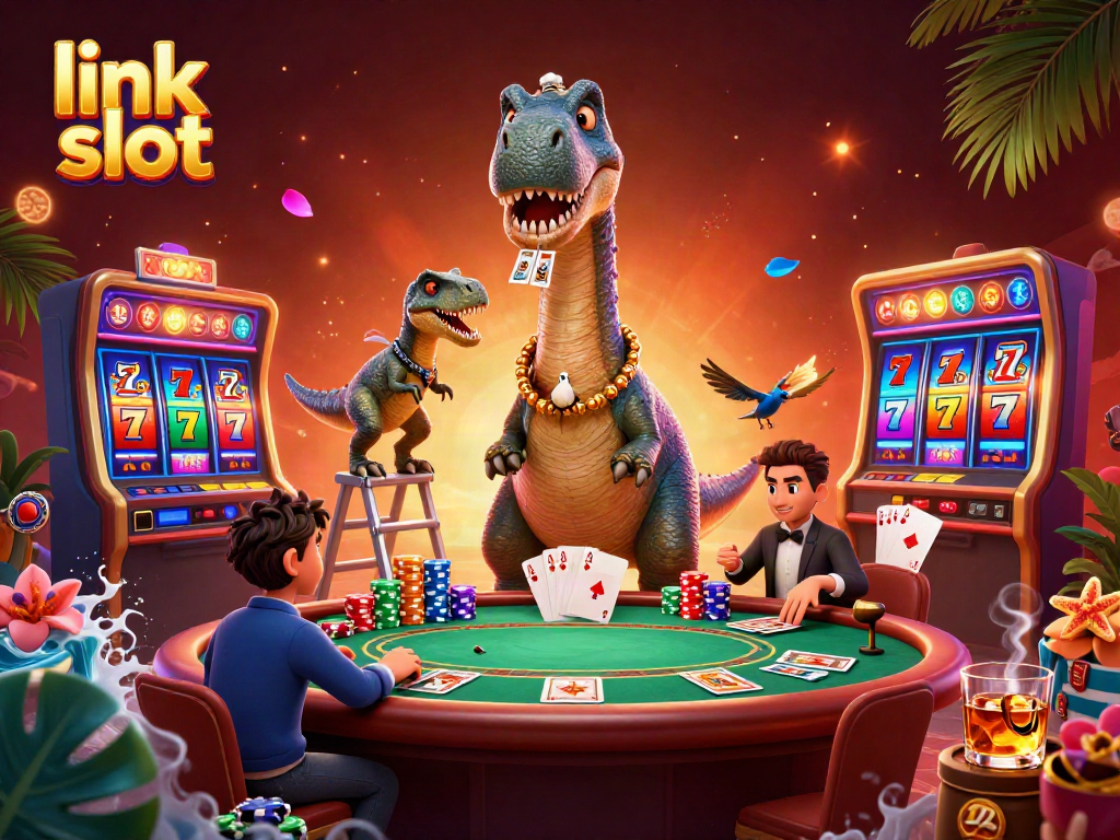 Experience thrilling link slot action with vibrant characters and dynamic casino elements in this engaging illustration.