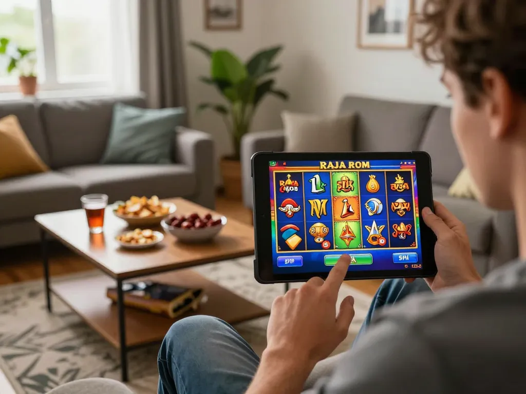Engaged player spinning the reels in a raja slot game on a tablet in a cozy home setting