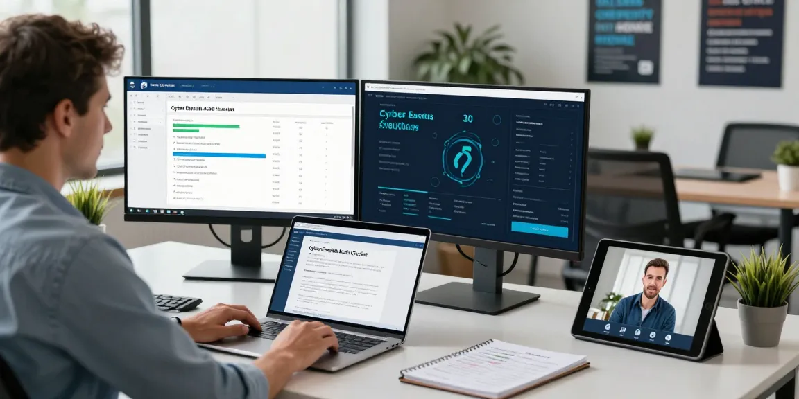 Consultant reviewing cyber essentials insurance metrics in a modern office environment.