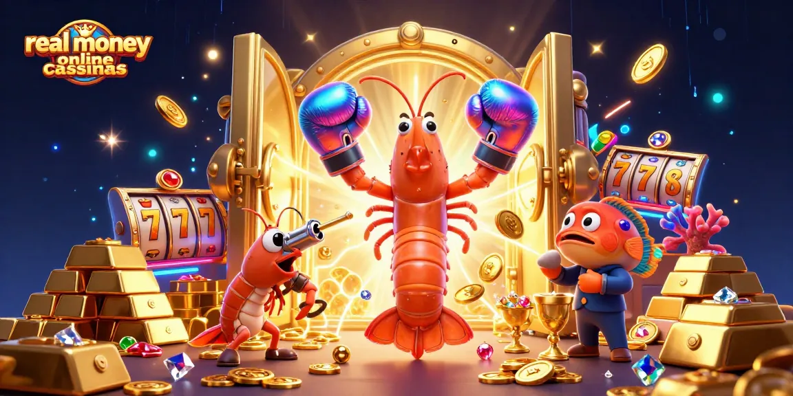 Win big at real money online casinos with vibrant characters and treasures in a dynamic casino scene.